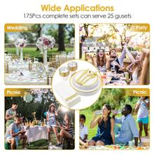 175Pcs Disposable Gold Dinnerware Set Gold Rim Plastic Plates Cups Fork Spoon Knife Paper Napkins For Party Wedding Graduation