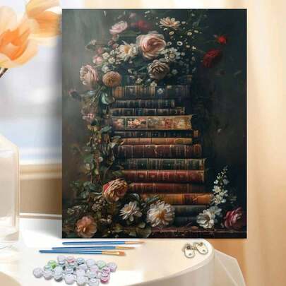 1 Set Floral & Book Themed DIY Digital Oil Painting Kit, 40*50CM Size - Carefully Crafted Oil Painting, Expressing Personalized With Color, Unleash Creativity Without Drawing Skills, Decorate Your Space, Relieve Stress, And Experience The Power Of Art