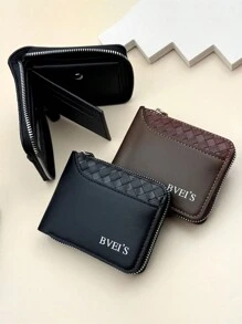 1 Piece Of Men's PU Leather Short Wallet, Fashionable Checkered Soft Wallet, Horizontal Zipper Wallet, Coin Purse, Woven Pattern Splicing Wallet, Large Capacity Multi Card Slot, Can Store Large Banknotes, Simple Coin Pocket, Credit Card Bank Card ID Card Photo Slot, Business And Leisure Style, Ideal Gift For Men's Birthdays Or Partners, Suitable For Fashionable Styles - Multicolor - View 2