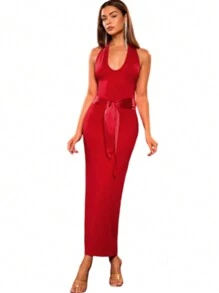 Vestido Rojo Largo Liso Listón Satinado Fiesta Evento - Rojo - Ver 5