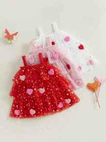 ​​Toddler Girl A-Line Tulle Dress, Sleeveless Square Neck featuring Bow Front and Heart, Pretty Holiday Dress - Blanco - Ver 2
