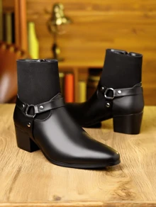 [Fast Arrival] Men's Belt Zipper High Heel Boots, Casual Walking Shoes, PU Leather Boots - Phối màu - Xem 2