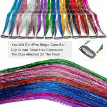 6 Stücke Haar Tinsel Clip, Tinsel Haarverlängerungen, Fairy Haar Tinsel, glitzernde Haar Strähnen 20 Zoll Haar Tinsel, hitzebeständig