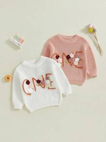 Baby Girl Birthday Sweater Floral Letter Embroidery Long Sleeve Round Neck Knitwear Pullover