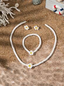 1 套：1 对耳环、1 条手链、1 条项链 - 海滩度假风格白色软粘土鸡蛋花吊坠首饰套装，夏季冲浪者手链项链旅行纪念品 - 首飾套裝 - 查看 14