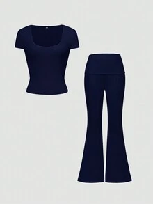 女士两件套运动休闲纯色性感修身方领短袖上衣微七分裤套装