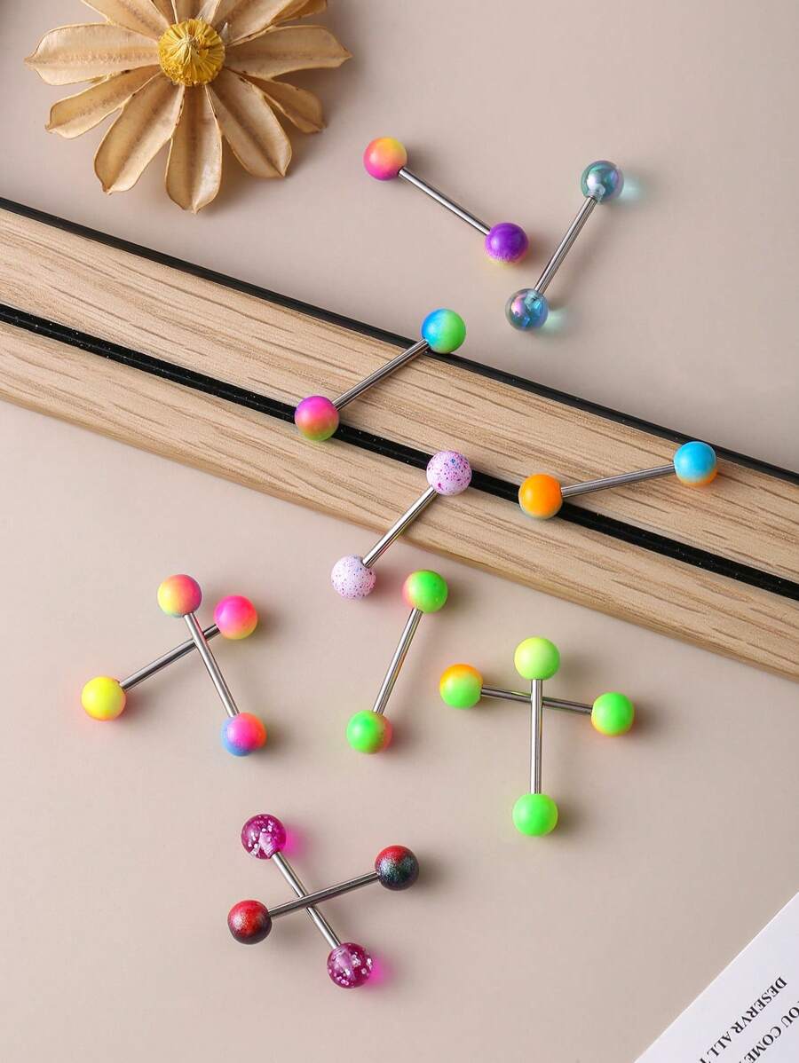 12 件/套亚克力和不锈钢多色身体穿孔骰子形舌环，时尚男女通用日常佩戴 - 彩色 - 查看 1