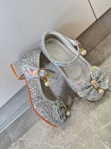 Zapatos de tacón alto con brillo para niñas, tacones plateados brillantes con lazo y colgante de perla con decoración de rhinestone, cómodos, apropiados para actuaciones románticas y escenarios glamorosos, para todas las estaciones - Plateado - Ver 4