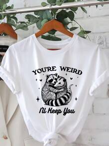 Raccoon Possum Graphic Print T Shirt, Short Sleeve Crew Neck Casual Top For Summer & Spring, Women's T-Shirt - 白色 - 查看 1