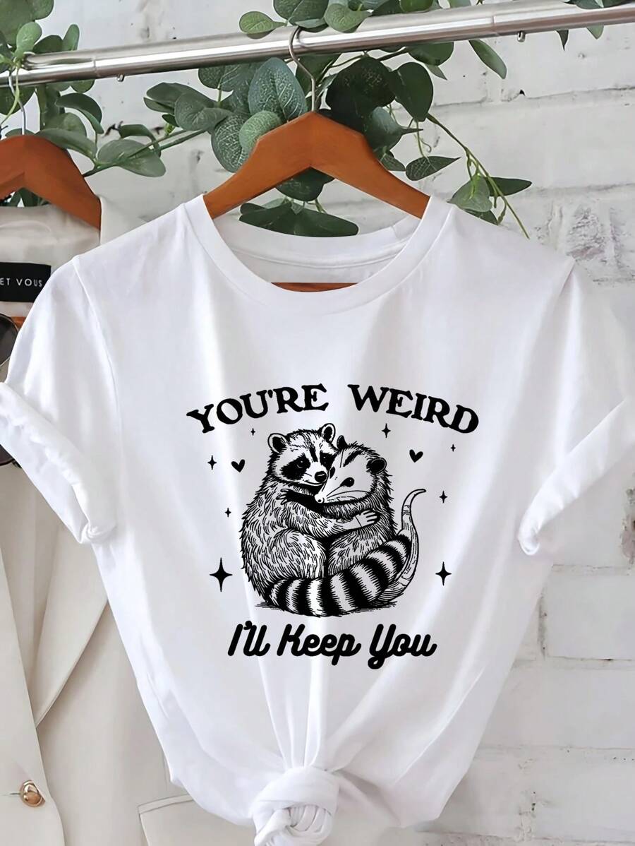 Raccoon Possum Graphic Print T Shirt, Short Sleeve Crew Neck Casual Top For Summer & Spring, Women's T-Shirt - 白色 - 查看 1