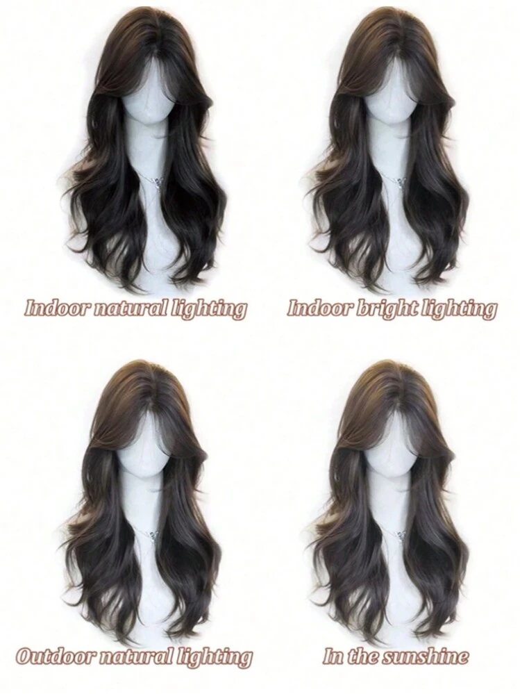 24 Inch 240g Heat Resistant Synthetic Wig, Medium Length Wavy With Bangs, Elegant Wig Suitable For Women's Daily Wear, Black-Brown - Black Brown - View 8