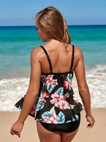 Costume da bagno tankini da donna, set bikini a 2 pezzi con balza e vita alta, costume da bagno taglie forti