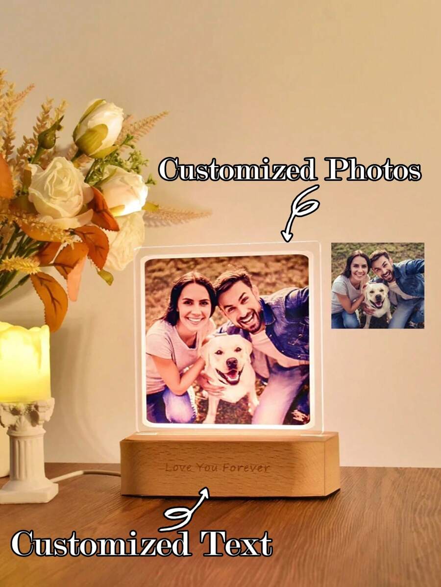 1 Rectangular Acrylic 3D Lamp, Custom Photo, Wooden Custom Laser Text, Desktop Decoration Lamp, Simple Night Light, Collage Photo, Home Light, Custom Text 3D Lamp - Multicolor - View 1