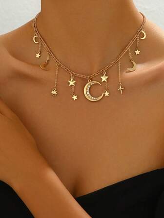 1 件复古星星和月亮吊坠双层项链，开斋节穆月亮简约锁骨链，节日礼物珠宝