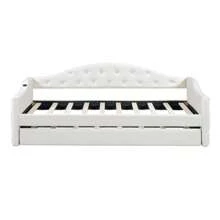 MERAX Twin Size Tufted Upholstered Daybed With Trundle, Velvet Sofabed With USB&Type-C Charging Ports,No Box-Spring Needed, Beige - 米色 - 查看 4