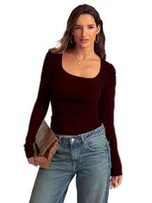 GEREARC Women's Round Neck, Long Sleeve, Slim Fit, Casual Long Sleeve Shirt, Basic Crop Top, Fashion Clothing - 巧克力色 - 查看 3