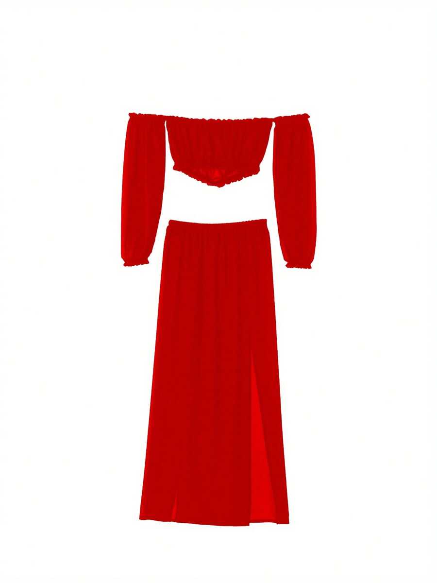 Womenacute;S Clothing Set, Long Sleeve Off Shoulder Tops And Cover Up Skirt Two-Piece Suit For Beach Vacation Travelling