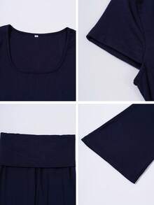 女士两件套运动休闲纯色性感修身方领短袖上衣微七分裤套装