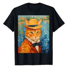 Funny Cat Art Painting Cat Lover Starry Night Cat Van Gogh T-Shirt, Women's Printed T-Shirt 220g, 100% Cotton, Round Neck Casual Women's Outdoor Short Sleeves, Vintage Fashion Classic Women's Short Sleeves, Daily Four Seasons Wear, Holiday Gifts
