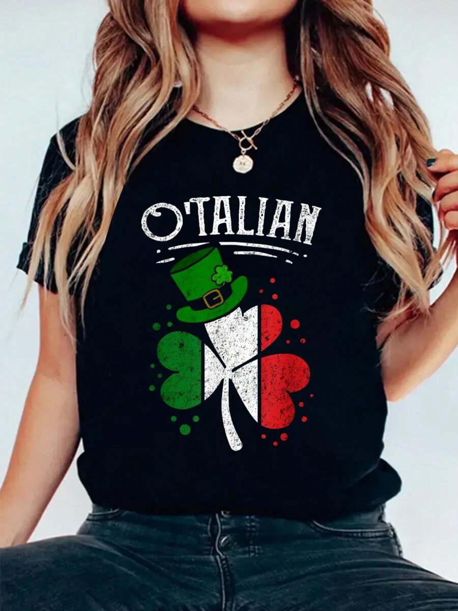 O'talian Funny Italian Irish Relationship St Patrick's Day T-Shirt Print Cotton T Shirt For Summer, Women's Soft Short Sleeve Top, Stylish Comfy Tee For Women Graphic Tees - 黑色 - 查看 1