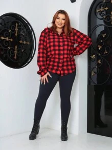 Plus Size Viscose Plaid Shirt. - 紅色 - 查看 3