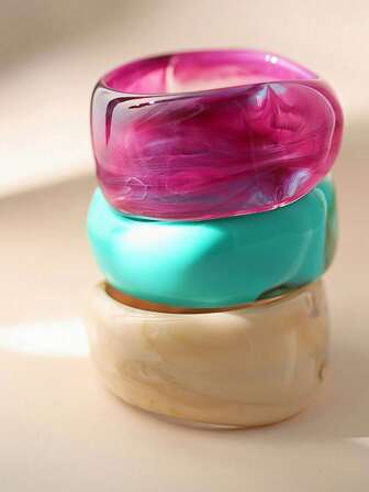 3 Pieces /1pc Of Europe And The United States Explosive Elegant Combination Retro Exaggerated Personalized Wide-Faced Women Resin Asymmetrical Bracelet Suitable For Daily Wear Festival Wear, Bohemian Style(Hand-Dyed With A Marbling Effect. Colors Are Randomly Selected For Shipment.)