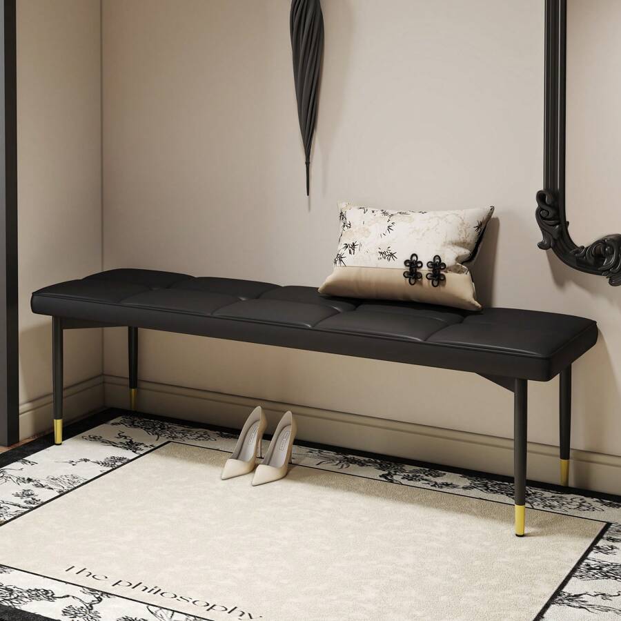 Banco de entrada negro, banco para zapatos con cojín, banco tapizado para interiores con base de metal, banco otomano con asiento acolchado para dormitorio, extremo de la cama, comedor, sala de estar, banco para zapatos para regalo de Navidad de Halloween, fácil de limpiar, diseño ergonómico, muebles, decoración del hogar, mejoras para el hogar, muebles minimalistas, renovación del hogar para año nuevo - Negro - Ver 1