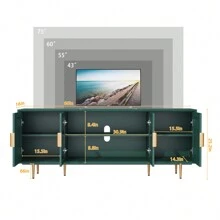 Modern TV Stand For TVs Up To 70+ Inch, Glass Door Television Console Table With Gold Leg, Entertainment Center With Storage Cabinet, Wood Media Furniture For Bedroom, Living Room - 綠色 - 查看 8