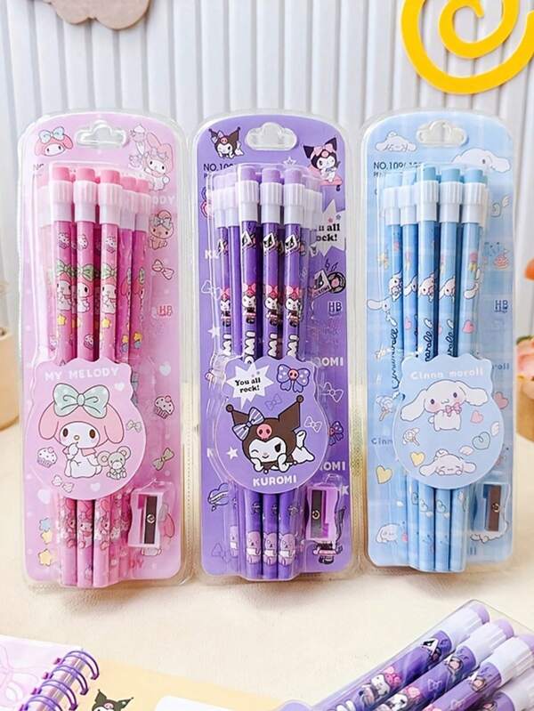 Sanrio 12 Stück/1 Set Sanrio süße Cartoon Holzstifte mit Radiergummi-Spitze, rundes Fass, praktisch und einfach zu verwenden, besonderer Stift für Prüfungen, Schreiben, Zeichnen, Skizzieren und künstlerisches Zeichnen, Schulanfang