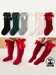 6 Pairs Girls & Toddler Girls' Bow Accent Solid Color Over-The-Knee Cotton Socks, School Style