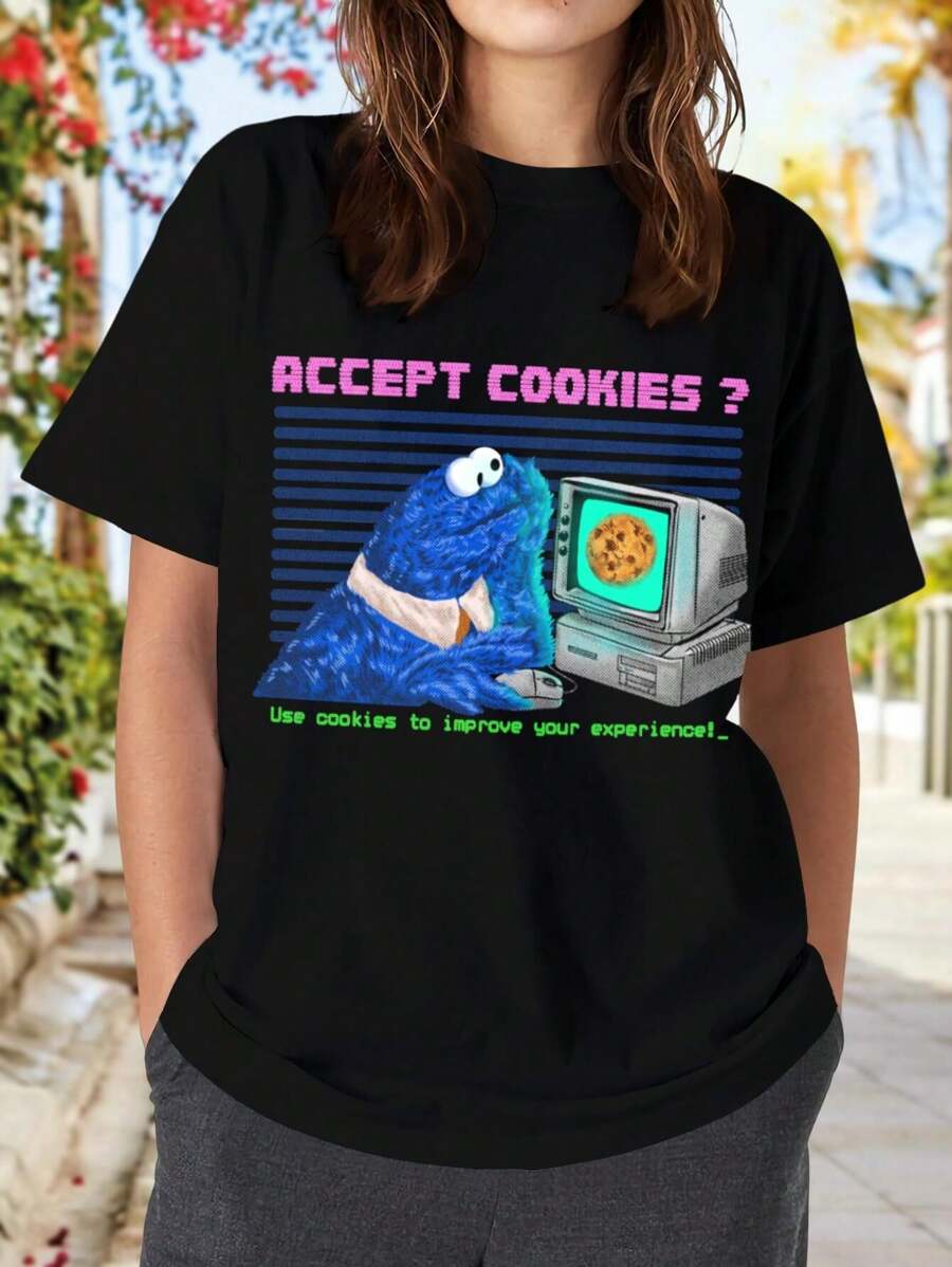 Accept Cookies? 8-Bit Art Computer Screen Cookie Monster Digital Cookies Humor Internet Meme Pixel Art Pop Culture Retro Humor Vintage Computer For Women's Women's T-Women Shirt - 黑色 - 查看 1