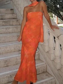 抹胸荷叶边性感渔网印花连衣裙 - 橘色 - 查看 6