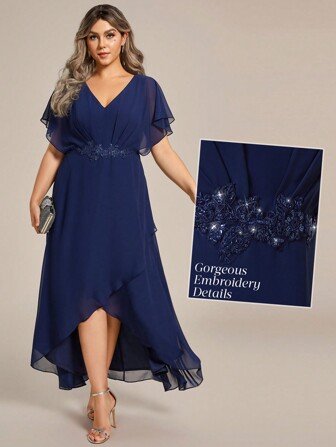 Plus Elegant Embroidery Applique Decor Wrap Split Hem Cocktail Dresses Party Dress Wedding Guest Dress