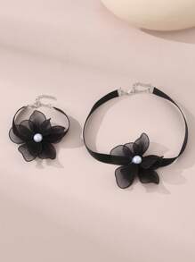2pcs/Set Girls Flower Ribbon Necklace And Bracelet Set - Flowers - View 4