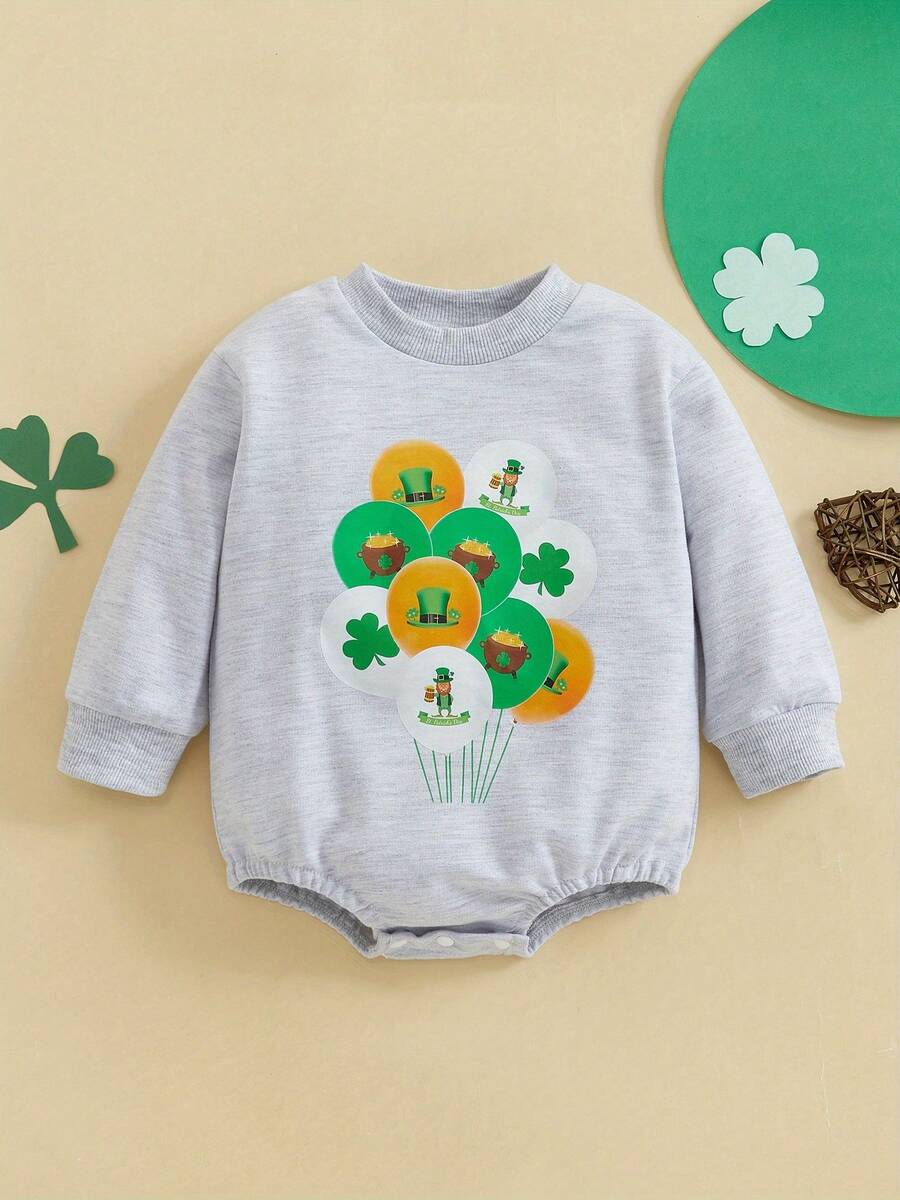 Sudadera irlandesa para bebé, mono con estampado de trébol y globo, manga larga, ropa de primavera para niños y niñas - Gris Claro - Ver 1