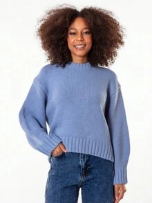 Women Crew Neck Long Sleeve Thick Sweater, Winter - Blue - View 2