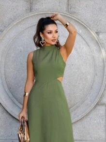 Women's Long Tailored Dress, High Neck, Side Slit, Side Opening Detail, Comfortable, With Pockets, Elegant