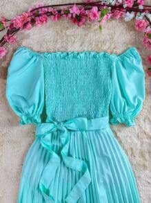 Pleated Midi Dress With Elastex Waist - 水鴨藍 - 查看 5