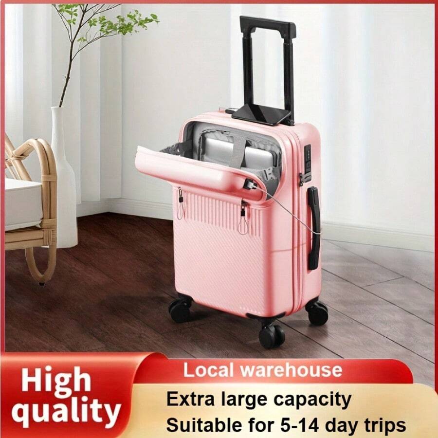 Multifunctional Luggage, Durable Luggage, Hard Shell Boarding Case With Front Pocket, USB Charging Port, Telescopic Trolley, Durable Universal Wheels, TSA Combination Lock, Cup Holder, Hooks, ABS+PC Rugged Multifunctional Suitcase 1 Piece 20/26 Inch - Pink - View 1