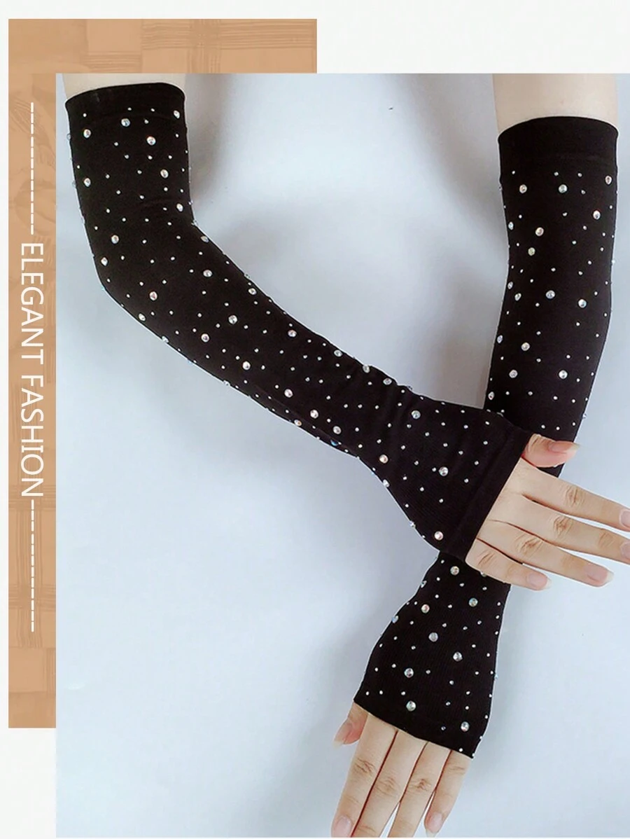 1 Pair Thin Rhinestone Arm Sleeves, Fashionable And Slimming Design For Sun Protection, Driving - Black - View 1