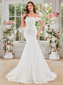 UNITHORSE Women's Handmade Floral Applique Lace Mesh Patchwork White Fishtail Wedding Dress,Bride, All White Party Outfit Women - White - View 5