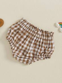 Pantalones cortos a cuadros con volantes y cintura elástica para bebé niña de 3 a 18 meses, pantalones cortos triangulares para verano - Caqui - Ver 2