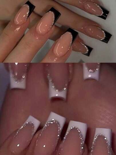 2 Sets (48pcs) Rectangular Shiny Black & White French Manicure Nail Stickers, Medium Size, Perfect Fit, Includes: 2pcs Gel Polish And 2pcs Nail Files, Easy To Create French Manicure, Suitable For Women And Girls For Daily, Party And Other Occasions