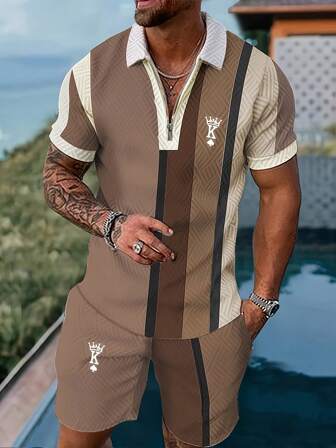 Summer Plus Size Men's Casual 3D Print 2pcs Set, Short Sleeve Polo T-Shirt And Shorts