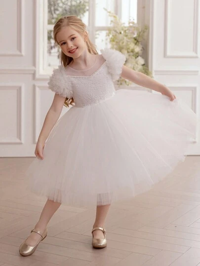 少女蕾丝网纱派对礼服，优雅公主裙，荷叶袖设计，适合女孩生日派对、舞会、化装舞会、花童婚礼礼服、特殊场合庆典礼服