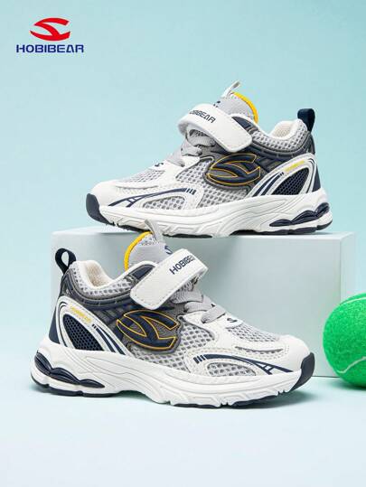 1 双蓝白儿童运动鞋，带钩环设计，时尚百搭男童/女童跑鞋，轻便舒适，透气网眼鞋面，外底，适合春季