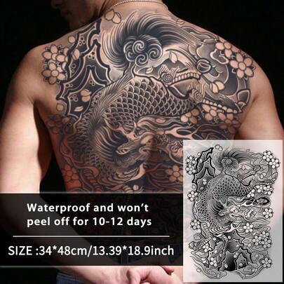 1Pc Hình xăm tạm thời Kiri Backful Chống nước chống mồ hôi Kéo dài trong 1-2 tuần Nước ép thảo dược thực tế Không phản chiếu Chống ma sát Hình xăm giả màu đen giả cho nam giới Hình xăm dán cho lưng Nghệ thuật cơ thể hiện đại