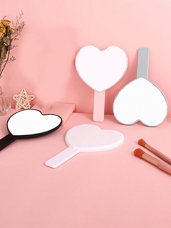 1 pieza/2 piezas/3 piezas/4 piezas Espejo de maquillaje con asa con forma de corazón estilo Ins, espejo de mano portátil, se puede sostener o colocar en el escritorio, adecuado para dormitorio, oficina y viajes, espejo compacto de maquillaje para mujeres, de vuelta al colegio