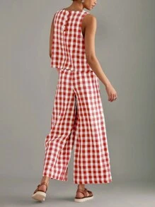 Women 2 Piece Outfits Cotton Gingham Pajama Set Y2K Plaid Sleeveless Top Wide Leg Pants Lounge Matching Set - Hồng - Xem 2