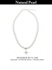 1pc Fashionable Faux Pearl Necklace With Star Pendant, Daily/Holiday Gift, Valentine's Day - Beige - View 6